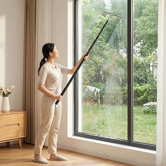 2 in 1 Window Squeegee Shower Squeegee Window Cleaning Kit with Extension Pole Long Handle Squeegee for Shower Glass Floor Bathroom Home Outdoor 12 inch Wide Black