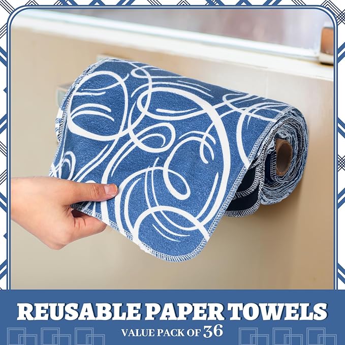 36 Pack Geometric Vintage Reusable Cleaning Cloths Washable Cotton Kitchen Towels for Home (Blue)