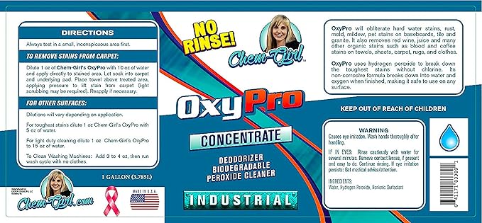 Chem-Girl OxyPro Concentrated Multi-Purpose Surface Cleaner to the Rescue - Chlorine-Free Oxygen-Powered Stain &amp Odor Remover 5 Percent Hydrogen Peroxide (H2O2) 1 Quart 2-Pack