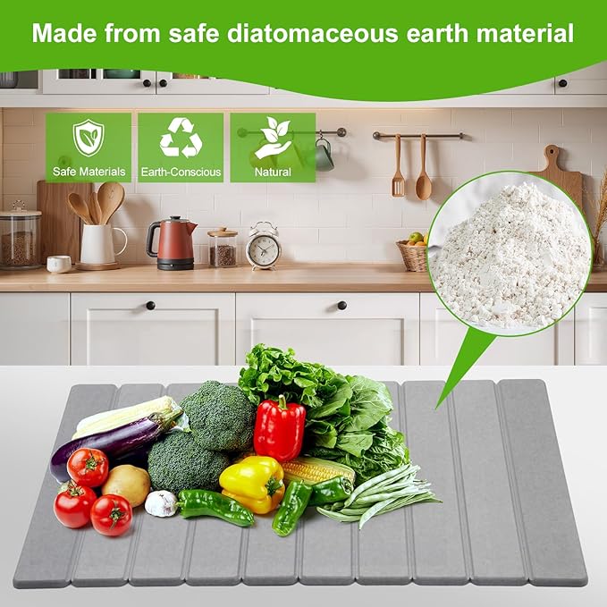Stone Dish Drying Mat for Kitchen Counter - Large Foldable Collapsible Quick Drying Dish Mats Ultra Absorbent Diatomaceous Earth Mats for Kitchen Dishes Bottles Cups Bathroom -Light Gray