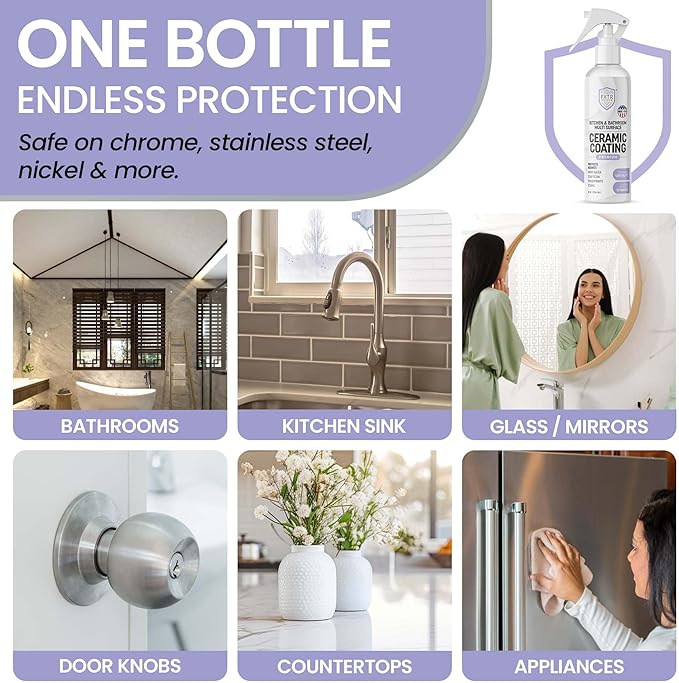 Fixture Shield Home Ceramic Coating Spray (8 oz) - SiO₂ Hydrophobic Protection for Kitchen &amp Bath | Repels Fingerprints Stains &amp Hard Water | Extra Strength Formula | Made in USA