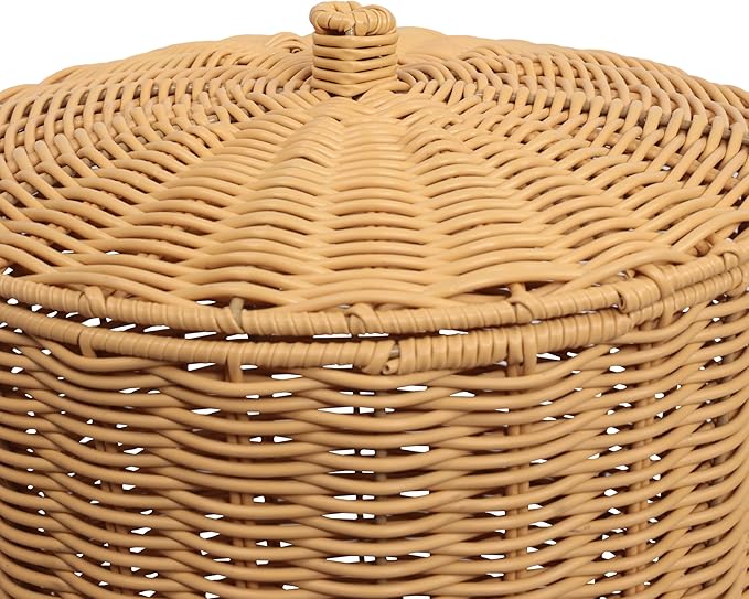 happimess HPM1406A-SET2 Ollie Coastal Contemporary Resin 4.7-Gallon Tapered Round Wicker Watebasket with Lid Natural (Set of 2)