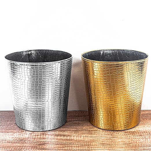 Leather Trash Can Decorative Waste Basket 10L Capacity Small Waste Paper Basket Waterproof Garbage Can for Bathroom Bedroom Office Kitchen and Living Room - Golden