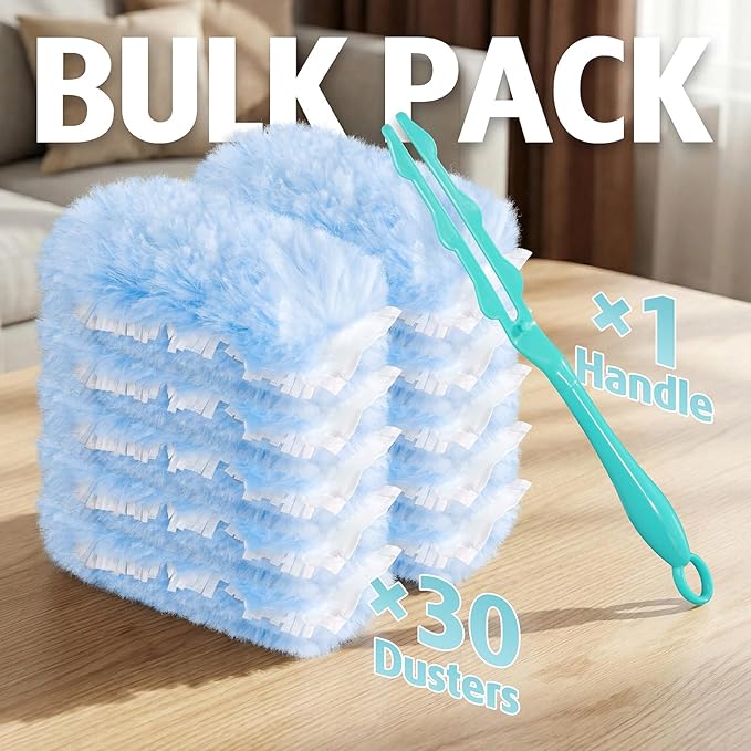 Duster Refill for Swiffer Duster 30 Count Heavy Duty 2 Side 360° Duster Refills with 1 Handle 4X Microfibers Disposable Multi Surface Dusters for Cleaning