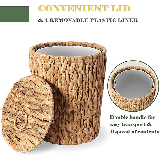 2.6 Gallon Wicker Trash Can with Lid and Removable Liner Bucket - Rattan Bathroom Garbage Can - Boho Hand Woven Water Hyacinth Wicker Waste Basket for Bathroom Bedroom Living Room Home Office