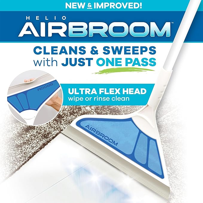 Helio AirBroom 3 Piece Kit All Surface Sweeper and Squeegee for Wet and Dry Cleaning Dust Dirt Liquids Pet Hair Tile Hardwood Floors Carpet Furniture Windows Shower Doors As Seen on TV
