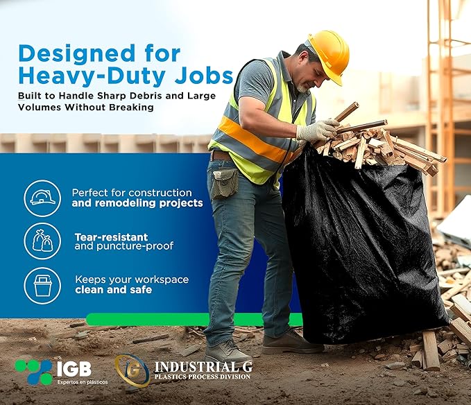 IGB Heavy Duty Trash Bags 55-60 Gallons (100 Count) – Extra Durable Contractor Bags for Construction Landscaping Restaurants – Leak-Proof Industrial Garbage Bags for Commercial Use