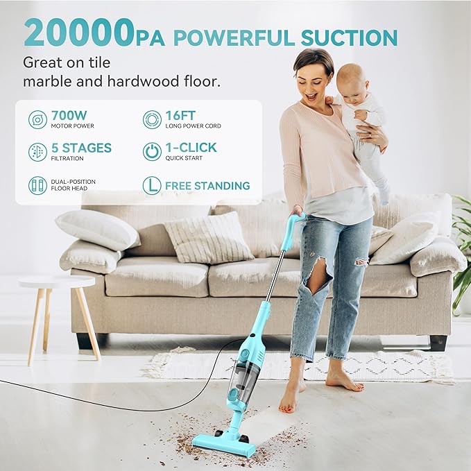 Vazone R6X Corded Stick Vacuum Cleaners for Home 20Kpa Powerful Suction Stick Vacuum with 16Ft Cord 2 in 1 Lightweight Vacuum Cleaner for Hardwood Floor Pet Hair