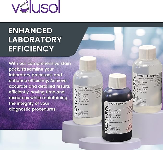 Volu-Sol Wright Giemsa Stain Pack (Wright Giemsa Buffer Rinse) Romanowsky Stain for Blood Smears - Conduct Differential WBC Counts and Explore RBC Morphology - 4 oz (118 ml)
