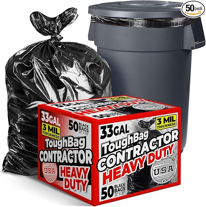 ToughBag 30-33 Gallon Trash Bags Heavy Duty (50 COUNT) 3 Mil Contractor Trash Bags – Heavy Duty Black Contractor Can Liners - Made In USA
