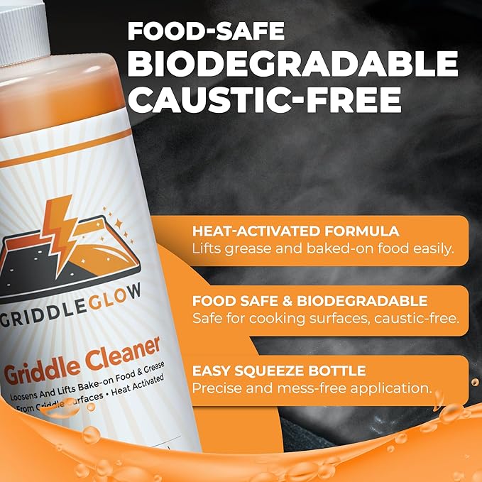 Griddle &amp Flat Top Grill Biodegradable Cleaner. Easy Pour Squeeze Bottle 32 oz. Fast Acting Formula Food Safe Glycerin-Based and Caustic Free. Heat Activated Removes Grease and Baked-on Food Sa