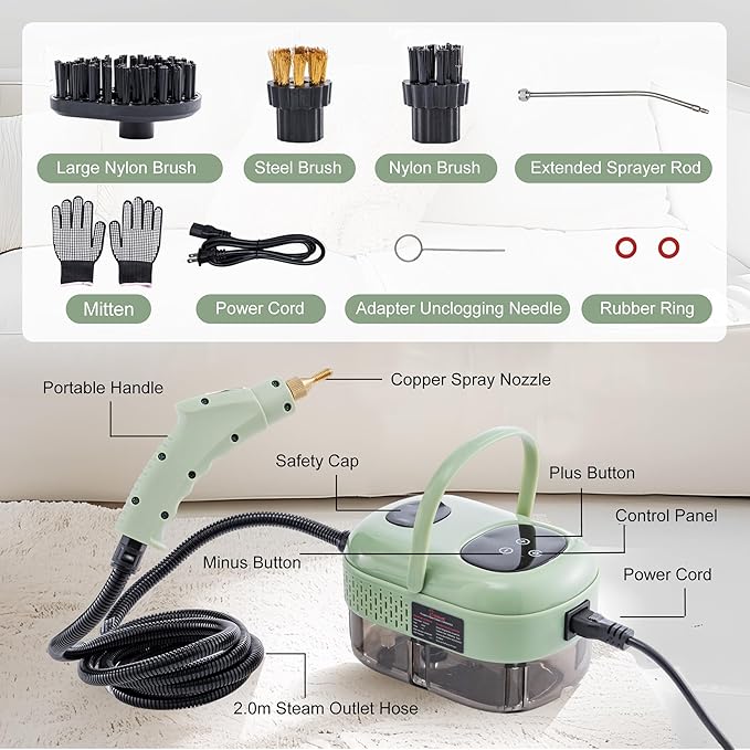 Handheld Steam CleanerSteam Cleaner with Smart Touch Screen High Pressure Steamer15sec Heat-up Deep Cleaning Steamer(Green) for KitchenBathroomFurnitureCarGroutTile and More