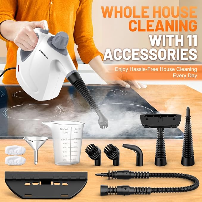 Multi-Surface Handheld Pressurized Steam Cleaner with 11-Pieces Accessories 15.2OZ Hands-free Portable Steamer for Cleaning Multipurpose Steam Cleaner for Home|Upholstery|Car|Floor|Grout|More