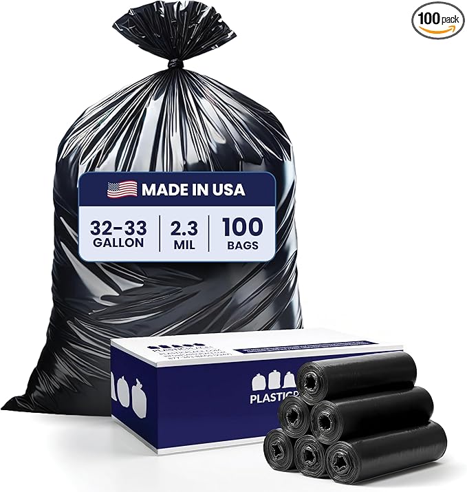 Plasticplace Trash Bags 32-33 Gallon │ 2.3 Mil │ Black Extra Heavy Garbage Bag │ 33” x 39” (100 Count) (W33LDB3)