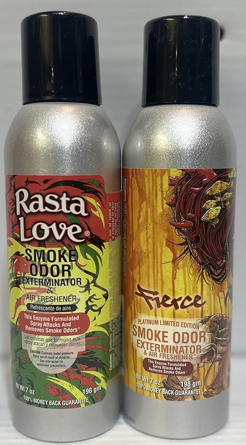Smoke Odor Exterminator 198 gm/ 7 oz Large Spray Assorted Rasta Love &amp Fierce Set of Two Cans.