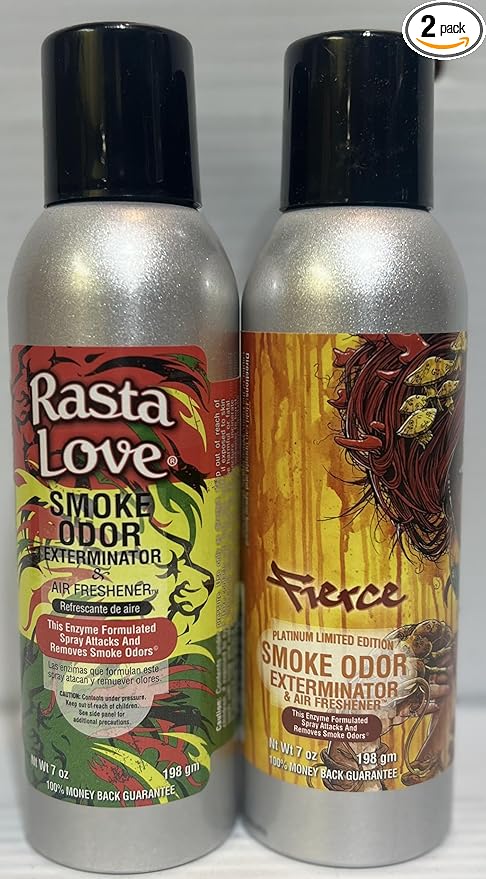 Smoke Odor Exterminator 198 gm/ 7 oz Large Spray Assorted Rasta Love &amp Fierce Set of Two Cans.