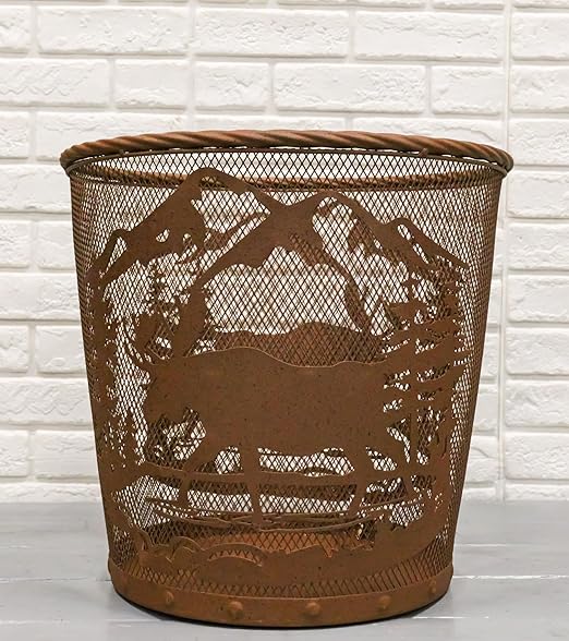 Ebros Rustic Moose Deer Roaming Pine Trees Forest by The Mountains Rust Finish Metal Wire Waste Basket Bin 13 Wide Bear Home and Bathroom Accent Western Country Cabin Lodge Decorative Trash Can