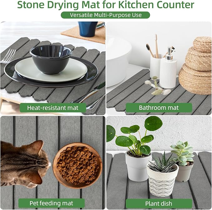 Large Stone Dish Drying Mat for Kitchen Counter24(L)×16(W) Quick Dry Collapsible Dish Drying MatEco-Friendly Diatomaceous Earth Mats for Dishes Bottles CupsMatch Any Countertop Dark Gray