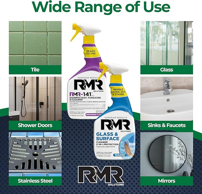 RMR Defend &amp Detail Duo – RMR-141 EPA Registered Mold &amp Mildew Spray + Glass &amp Surface Cleaner/Repellent 2-Step Clean &amp Protect System for Glass Tile Bathrooms Surfaces 2–32 Oz Bo
