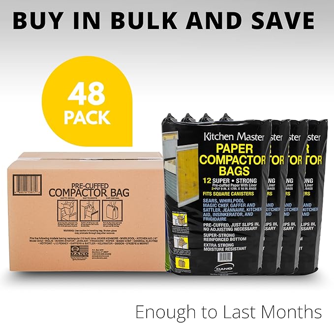 Kitchen Master Super Strong Compactor Bags (48 Pack) | Precuffed Garbage Compactor Bags Hardware for Kitchens Paper Trash Bag Kitchen Essential Paper &amp Plastic Lined