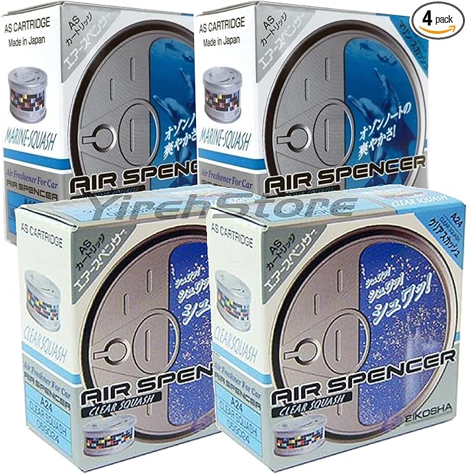 AS Air Spencer Cartridge 2x Marine Squash (A19) and 2x Clear Squash (A24) scent Heavy Duty Last Long JDM Eikosha Japan Car Air Freshener