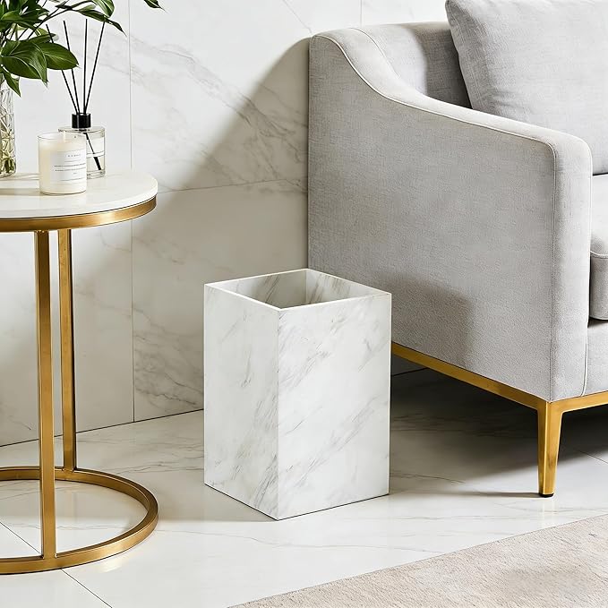 Modern Square White Marble Waste Basket Natural Stone Bathroom Trash Can Decorative Home Garbage Container Beautiful Marble Look Rubbish Bin for Bathroom Bedroom Kitchen Home Office