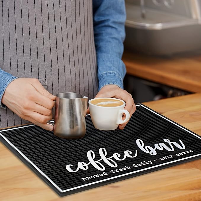 New Mungo Coffee Bar Mat – “Coffee Bar - Brewed Fresh Daily - Self Serve” – Spill-Proof PVC Coffee Station Mat Non-Slip Countertop Protector 18x12