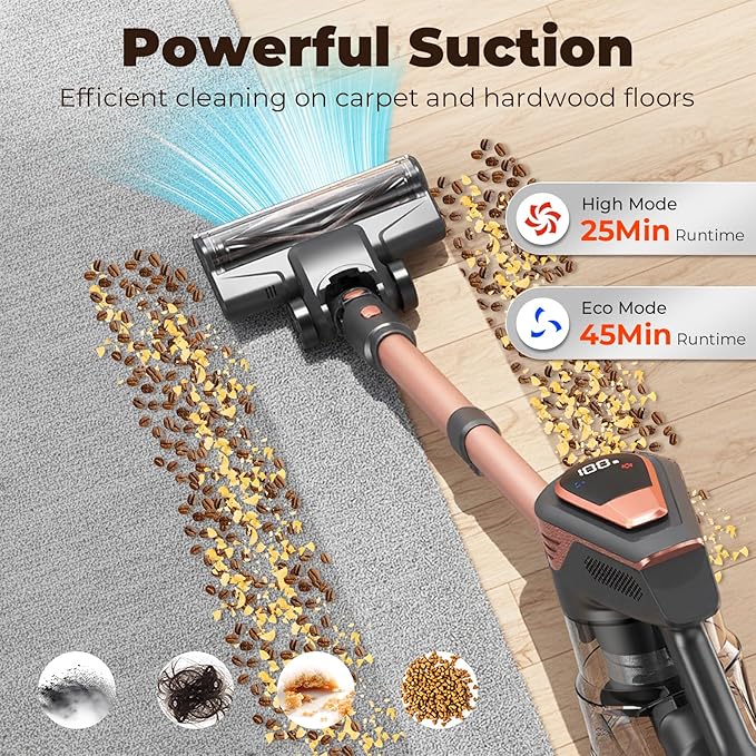 N16 Cordless Vacuum Cleaner Lightweight Vacuum Cleaners for Home with Powerful Suction 2600mAh Battery with 45 Mins Runtime Rechargeable Stick Vacuum Cordless for Hardwood Floor Carpet Pet Hair
