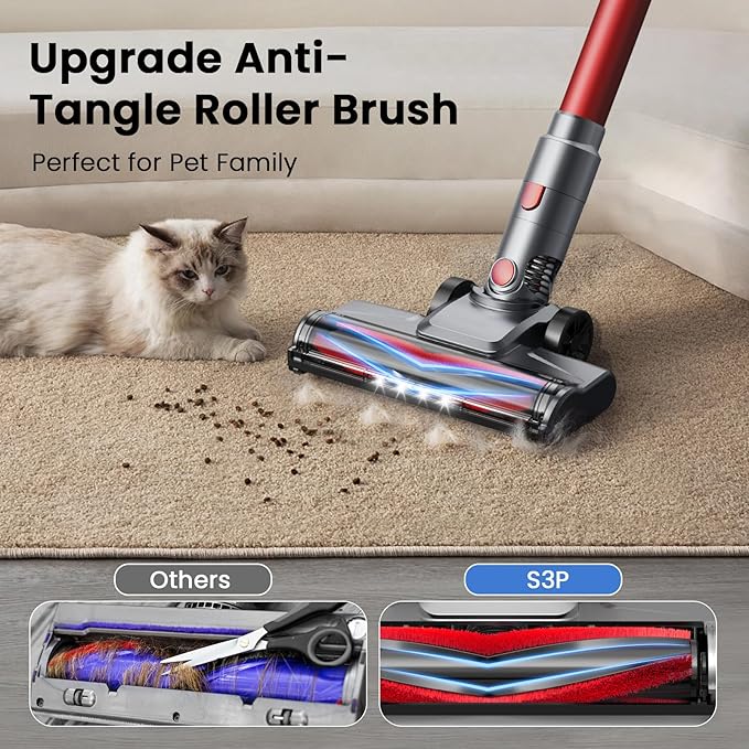 S3P Cordless Vacuum Cleaner 45kPa Powerful Suction Vacuum Cleaners for Home 55-Min Runtime Rechargeable Stick Vacuum Self-Standing for Pet Hair Carpet Hard Floor LED Display