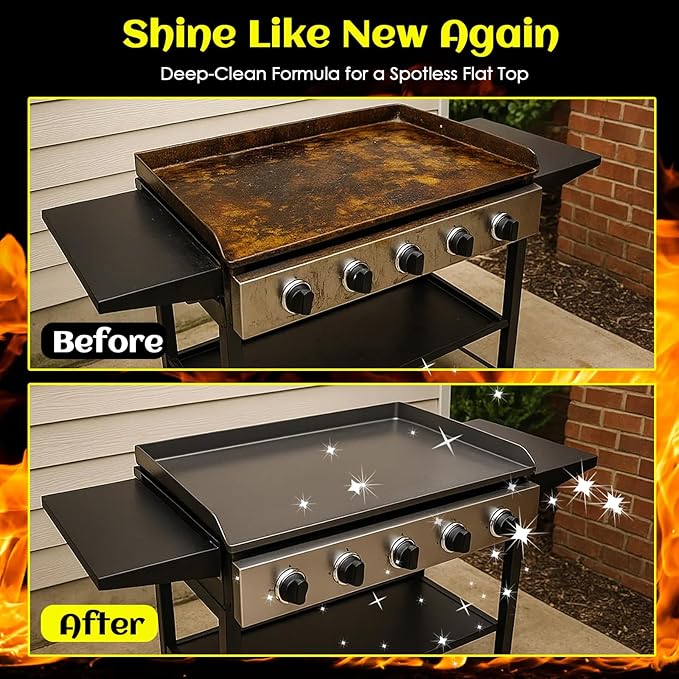 Flat Top Grill Cleaner Kit Grill &amp Griddle Cleaner - Non-Toxic Food Safe &amp Non-Caustic Formula Removes Burnt-On Grease/Carbon (2 Pcs + Cleaning Tools)