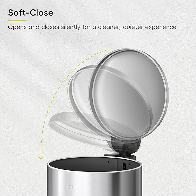 EKO Serene 5L / 1.32 Gallon Step Trash Can with Lid Small Stainless Steel Round Garbage Can with Removable Inner Bucket Compact Bin for Powder Rooms Offices &amp Tight Bathroom Spaces.