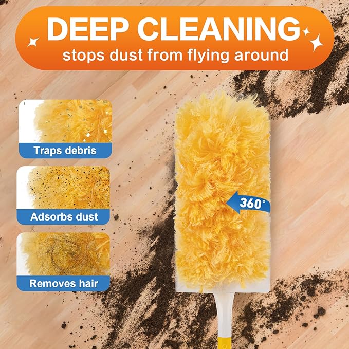 Heavy Duty Duster Refills Disposable Dusters Kit for Cleaning Dusting Furniture Blind Ceiling Fan Multi Surface 360 Feather Duster(60)+3FT Extended Handle +1 Handle
