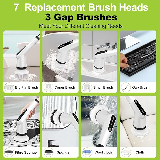 Electric Scrubber Brush IPX7 Electric Scrubber for Shower Electric Cleaning Brush Scrubber with 7 Replaceable Brush Heads &amp Retractable Handle 2-Speed Adjustable Spin Cleaning Brush