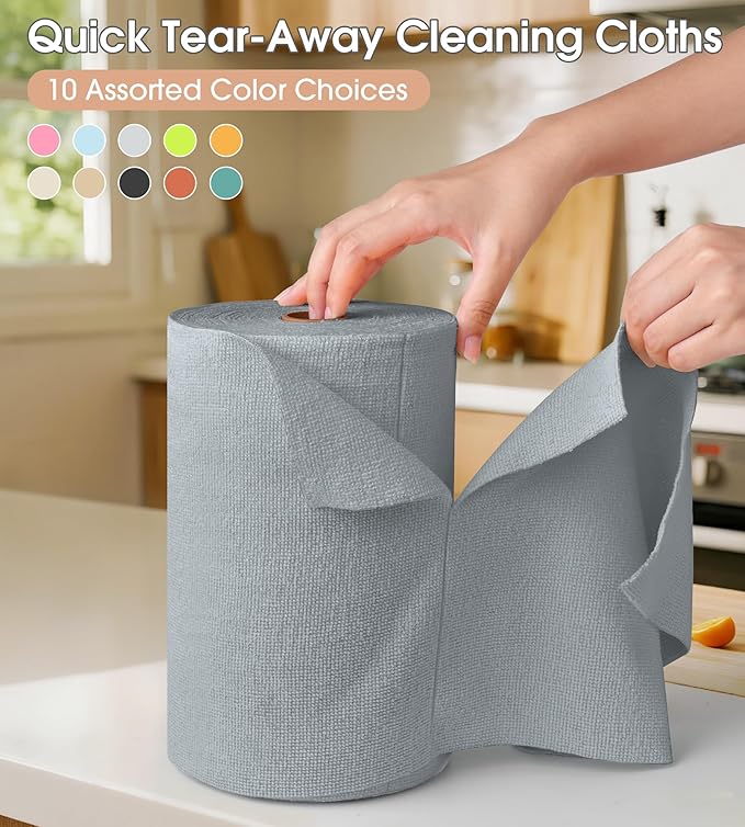 KitchLife Microfiber Cleaning Cloth Roll 100 Pack - Tear-Away Microfiber Paper Towels Lint-Free Reusable Washable for Kitchen Car Dishes and Sensitive Surfaces (Dark Gray)