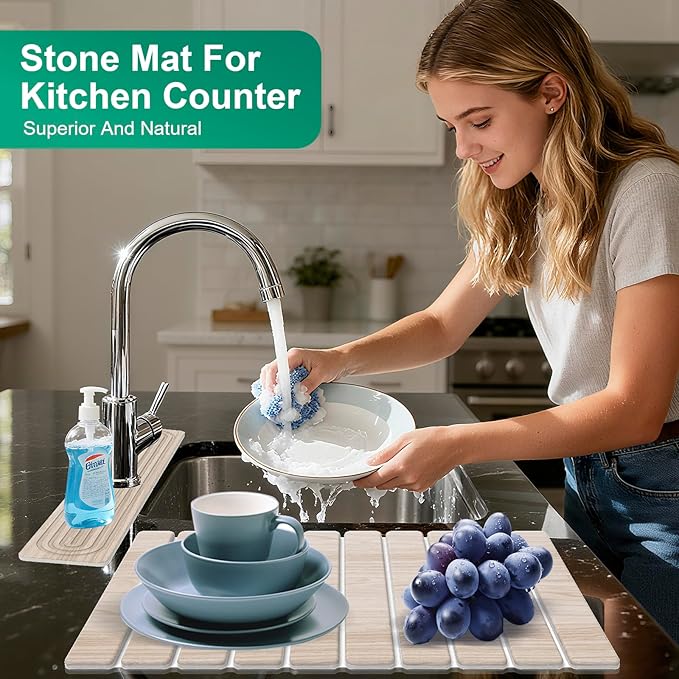 Stone Drying Mat for Kitchen Counter 24x16 Water Absorbing Dish Drying Mat with 24x4 Faucet Mat for Kitchen Sink Diatomaceous Earth Quick Dry Stone Mats for Dishes Bottles Cups (Wood Grain)