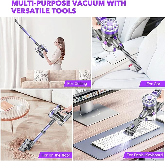 Cordless Vacuum Cleaner for HomeLightweight Stick Vacuum Cordless Rechargeable with Power Suction Up to 35 Mins Runtime Hardwood Floor Vacuum for Pet HairCarpetsTile(Deep Purple)