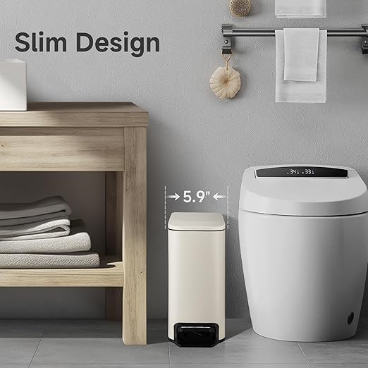 TIPGO Slim Bathroom Trash Can with Lid Soft Close 6 Liter / 1.6 Gallon Stainless Steel Garbage with Removable Inner Bucket Small Trash Bins for Bedroom Office (Cream)