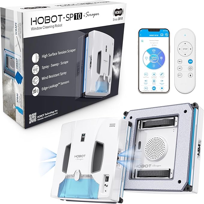 HOBOT-SP10 iScraper Window Cleaning Robot Spray-Sweep-Scrape 6000Pa Suction App + Remote Control Framed/Frameless Glass Indoor/Outdoor Use