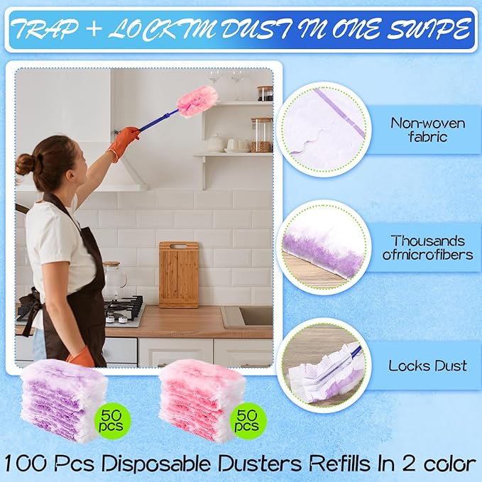 Vesici 100 Pcs Duster Refills Compatible with Swiffer Dusters Bulk Disposable Replacement Thickened with 1 Handle Heavy Duty for Cleaning Office (Purple and Pink)