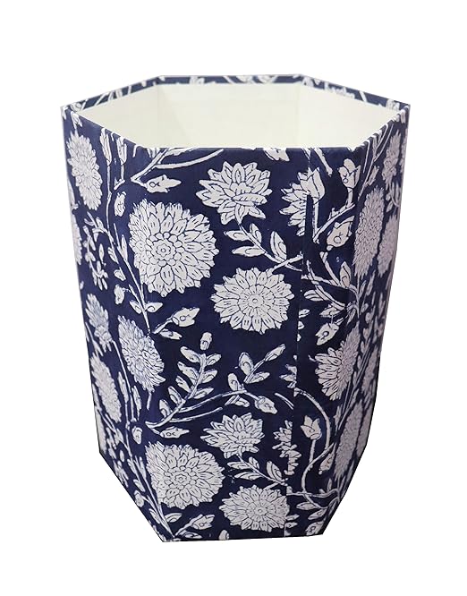 Hand Block Printed Cotton Wood Dustbin Floral Printed Paper Waste Basket/Trash Can Christmas Home Decorative tarsh can (Blue&ampWhite)