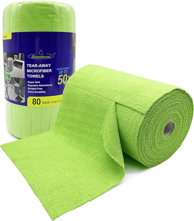 Greenfound Microfiber Cleaning Cloth Roll -80 PackTear Away Microfiber Towels for CarReusable Paper Towels WashableAbsorbentLint Free Cleaning Rags for HouseKitchenWindow-11.5×11.5(Wave Green)