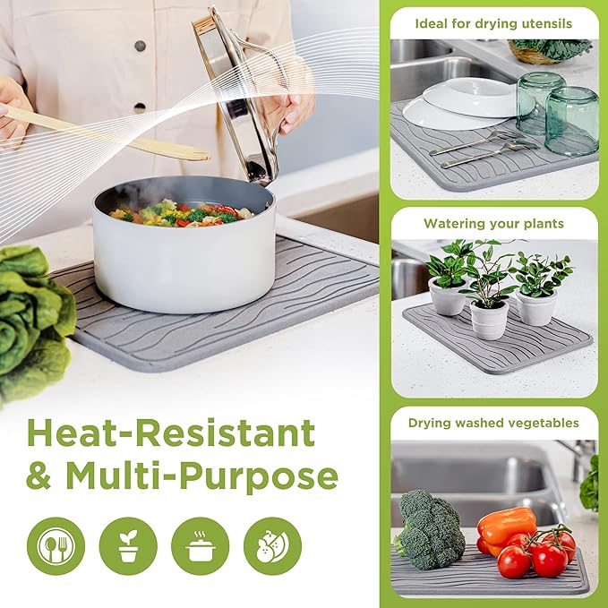 Stone Dish Drying Mat for Kitchen Counter - Super Absorbent Fast Drying Diatomaceous Earth Prevents Water Build-Up Non-Slip &amp Heat Resistant 15.75 X 11.75 Dark Gray