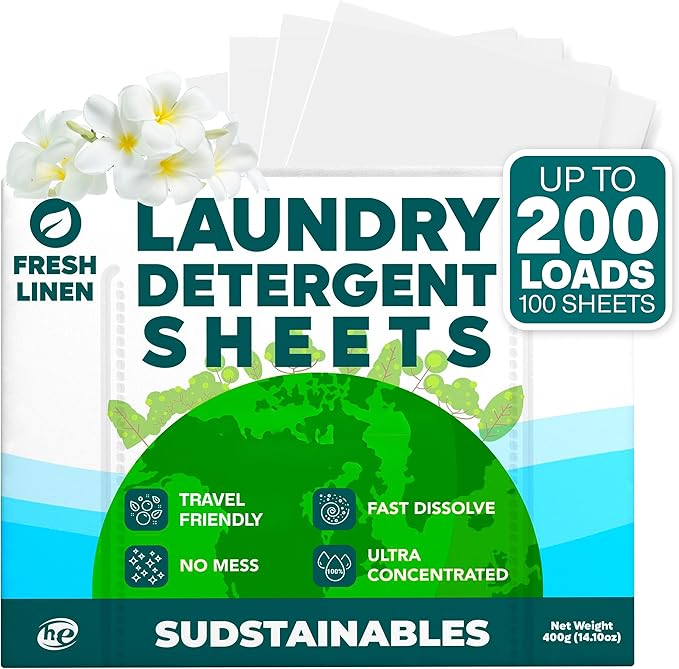 Sudstainables Laundry Detergent Sheets 200 Loads – Dissolvable Laundry Sheet for Washing Machines Compact Alternative to Liquid &amp Powder Detergent Travel-Friendly Soap | Fresh Linen
