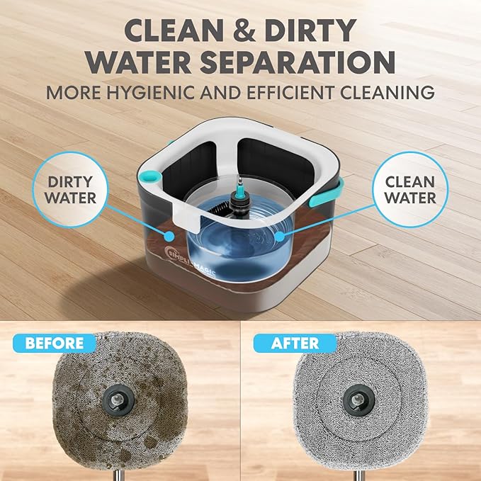 Simpli-Magic 360° Square Spin Mop and Bucket System – Dual Compartment Separate Clean &amp Dirty Water – 3 High-Absorbent Microfiber Washable Heads – All Types Floor Cleaning