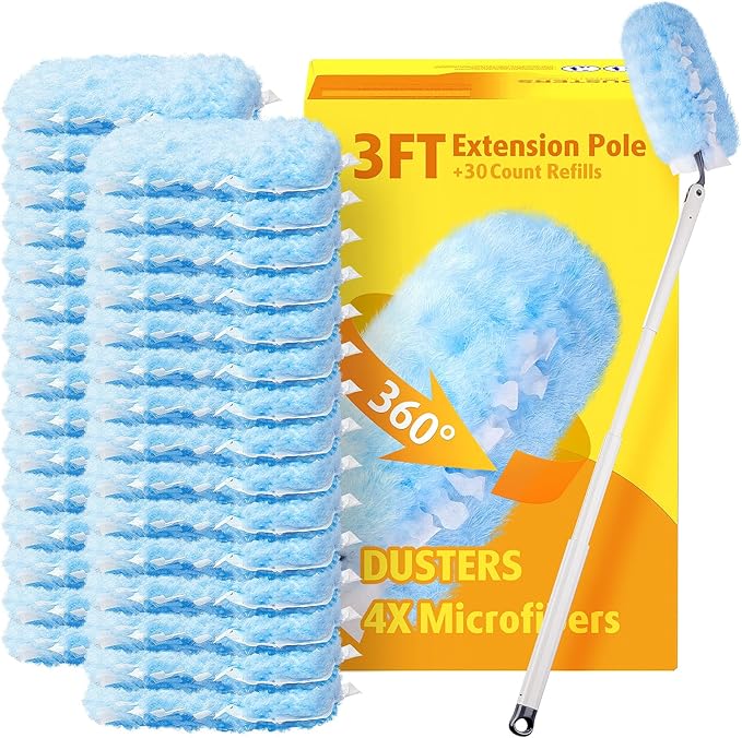 30 Count Heavy Duty Duster Refills with 3 ft Extendable Handle Starter Kit Compatible with Swiffer Disposable Microfiber Feather Dusters for Cleaning Home