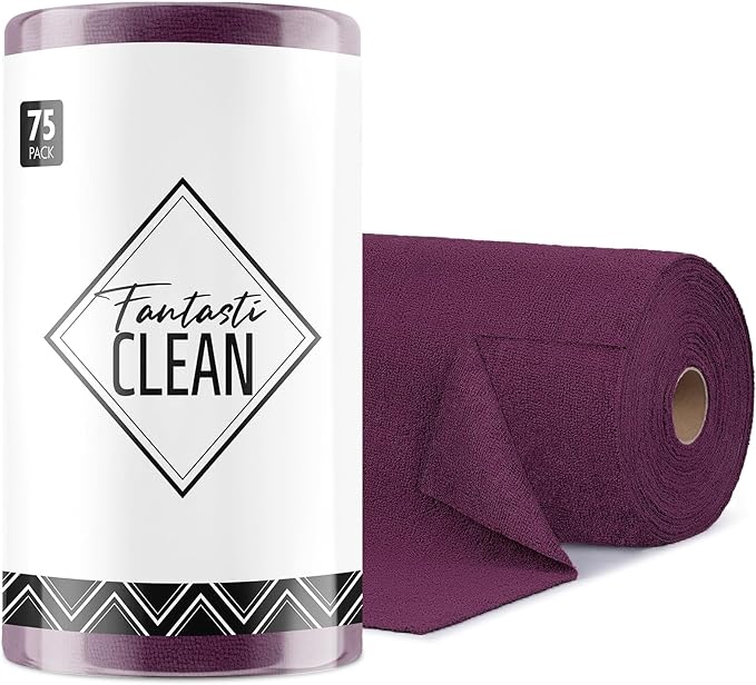Fantasticlean Microfiber Cleaning Cloth Roll -75 Pack Tear Away Microfiber Towels 12 x 12 Reusable Washable Scratch Free Ultra Absorbent for All-Around Cleaning Supplies (Dark Purple)