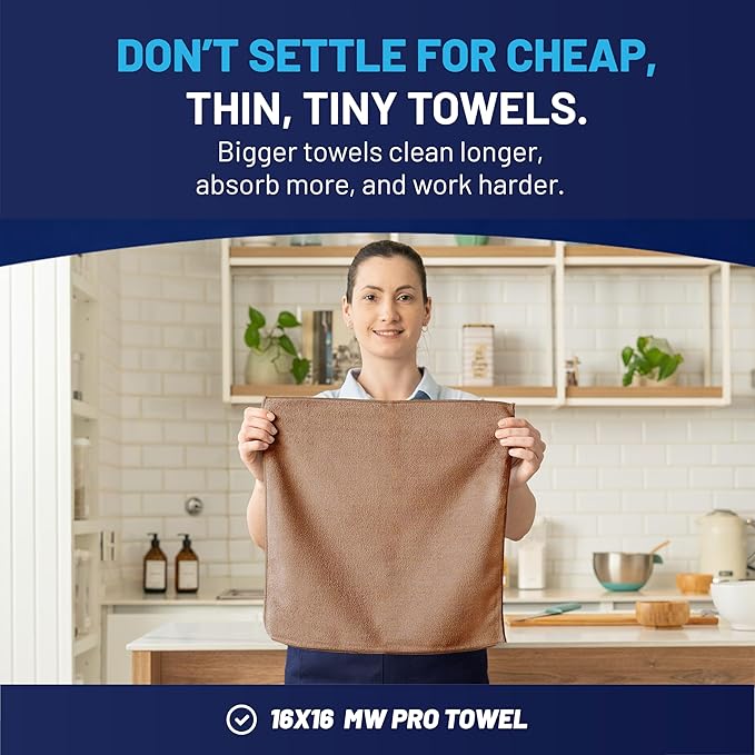 MW Pro Microfiber Cleaning Cloth | Tan | 12 Pack | 16” x 16” | All Purpose Microfiber Towels - Clean Dust Polish Scrub Absorbent