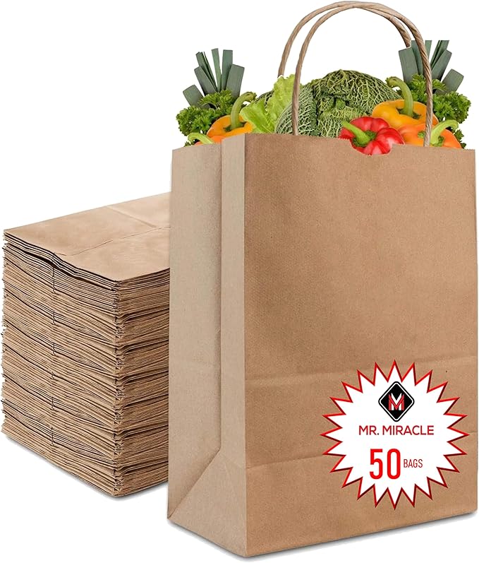 57 Lb Large Kraft Paper Grocery Bags with Handles - 50 Count 12 x 17 x 7 - Durable Reusable &amp Eco-Friendly Shopping Bags Brown Kraft Take-Out Bags for Retail To-Go Any Occasion (50 With Handl
