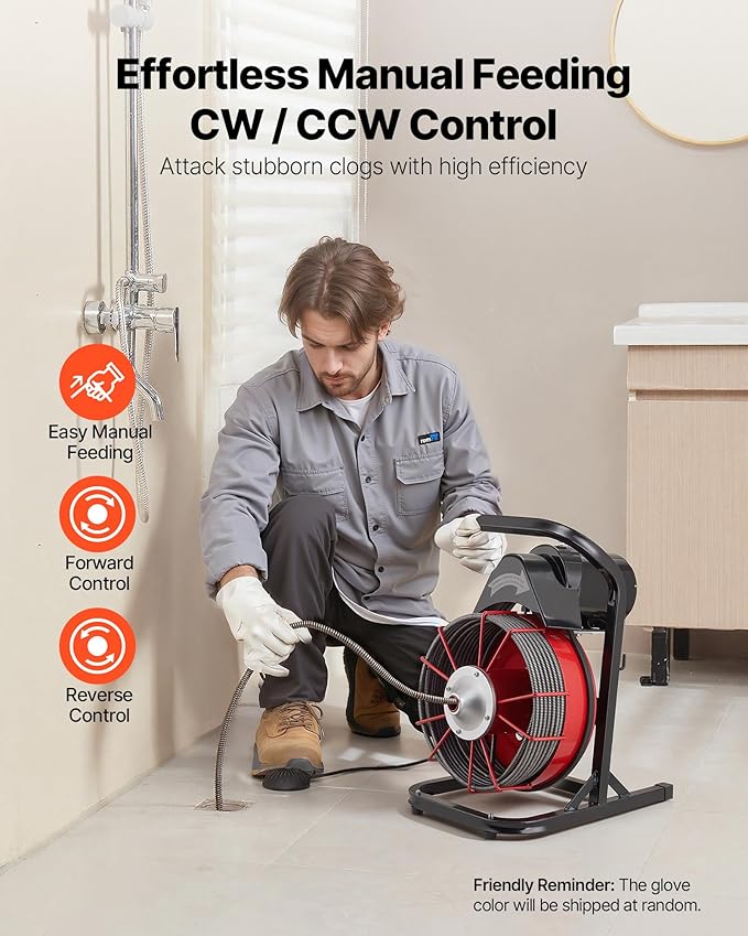 VEVOR Drain Cleaner Machine 75 FT x 3/8 Inch Sewer Snake Auger Manual Feed with 4 Cutters &amp Air-activated Foot Switch for 2 to 4 Pipes