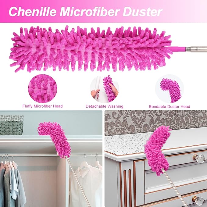 Microfiber Dusters for Cleaning Feather Dusters with Extension Pole Bendable &amp Washable Dusters for High Ceiling Fan Blinds Cars Furniture Cleaning Tools Kit Pink Gift for Women (15 PCS)